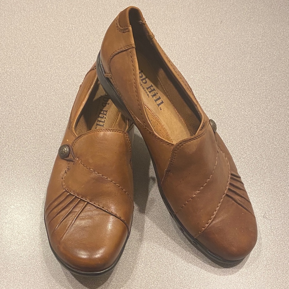 Brown Leather Slip-On Loafers with Button Accent
